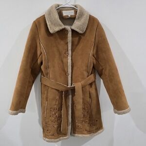 Y2K Vintage Womens Fuax Suede Penny Lane Trench Jacket XL Floral Embroidered